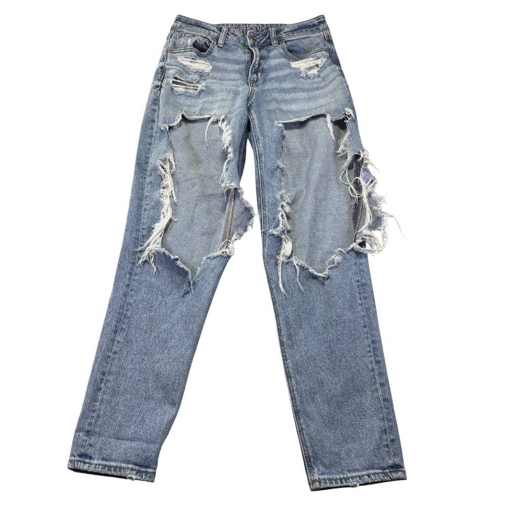 American Eagle Mom Jeans Womens 4 Tall Blue Light Wash High Rise Distressed